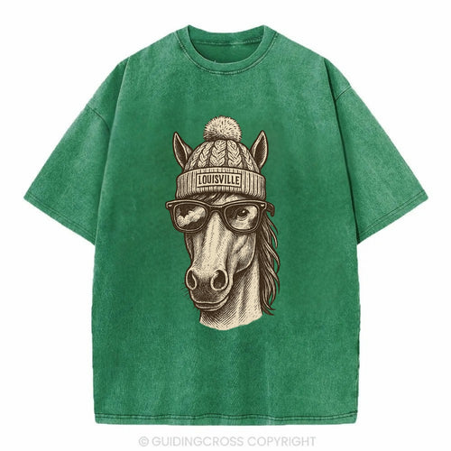 Kentucky Thoroughbred Horse wearing Louisville beanie with pom pom and wayfarer - Vintage T-shirt