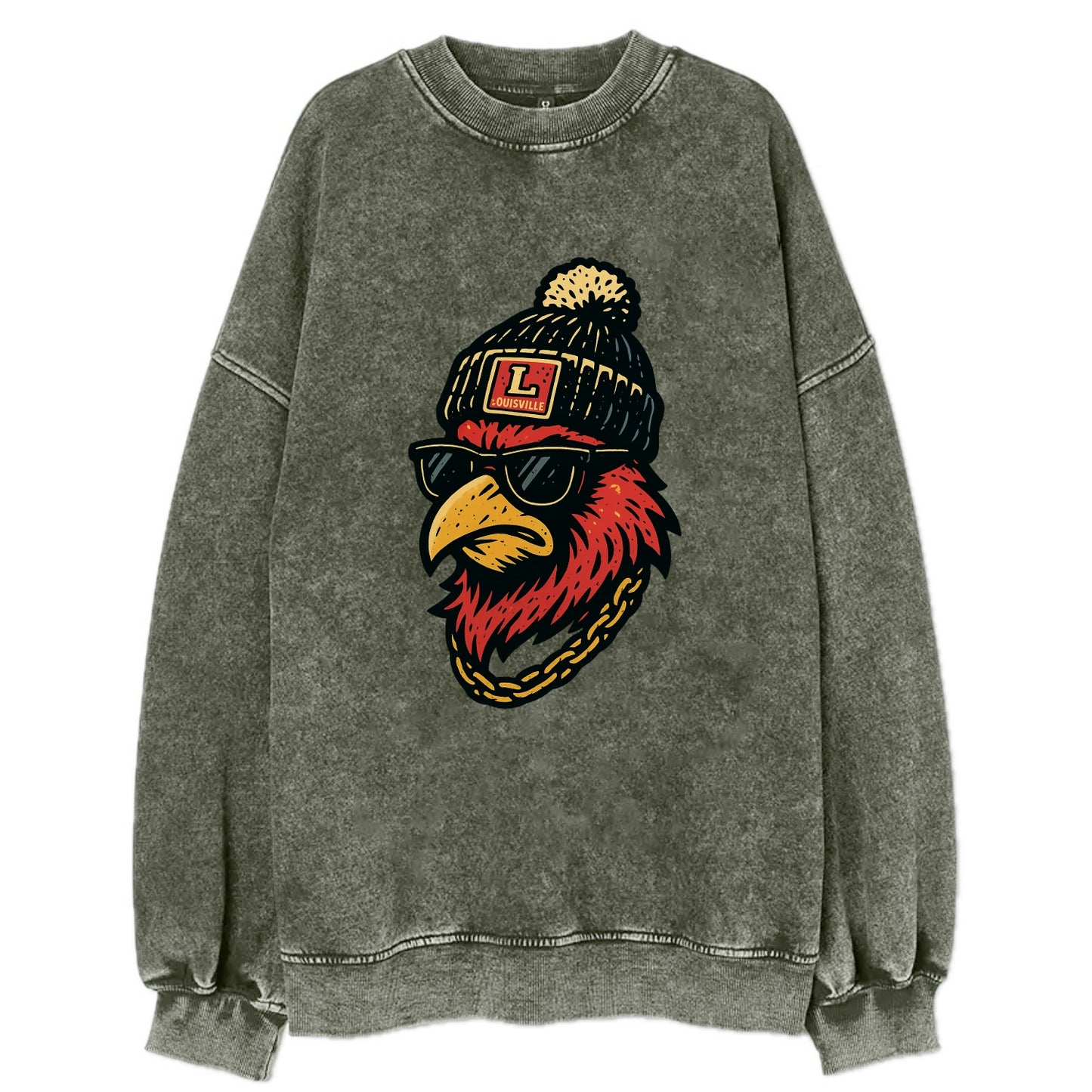 Louisville Cardinal wearing Louisville beanie with L patch - Vintage Sweatshirt - Forest Mist(Green)