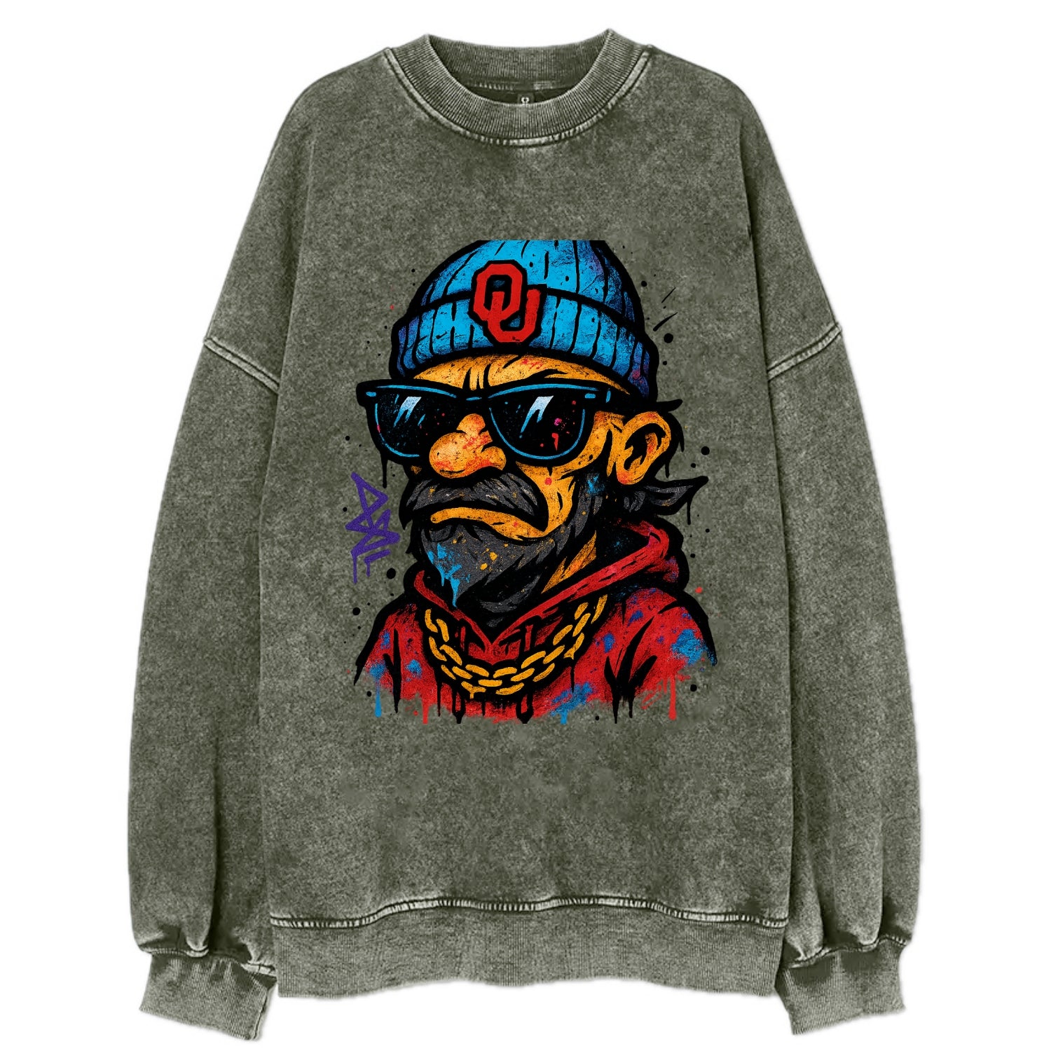 Norman Sooner wearing Oklahoma beanie with OU patch - Vintage Sweatshirt - Forest Mist(Green)