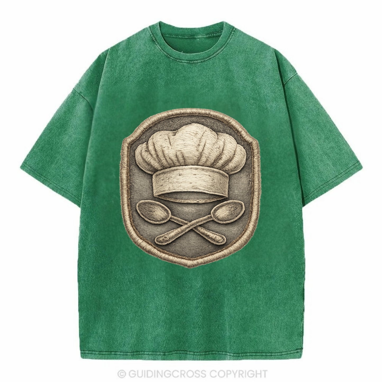 Embroidered patch design - COOKING CHEF HAT - toque blanche with crossed spoons - Vintage T-shirt - Forest Mist(Green)