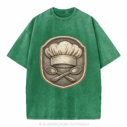 Embroidered patch design - COOKING CHEF HAT - toque blanche with crossed spoons - Vintage T-shirt - Forest Mist(Green)