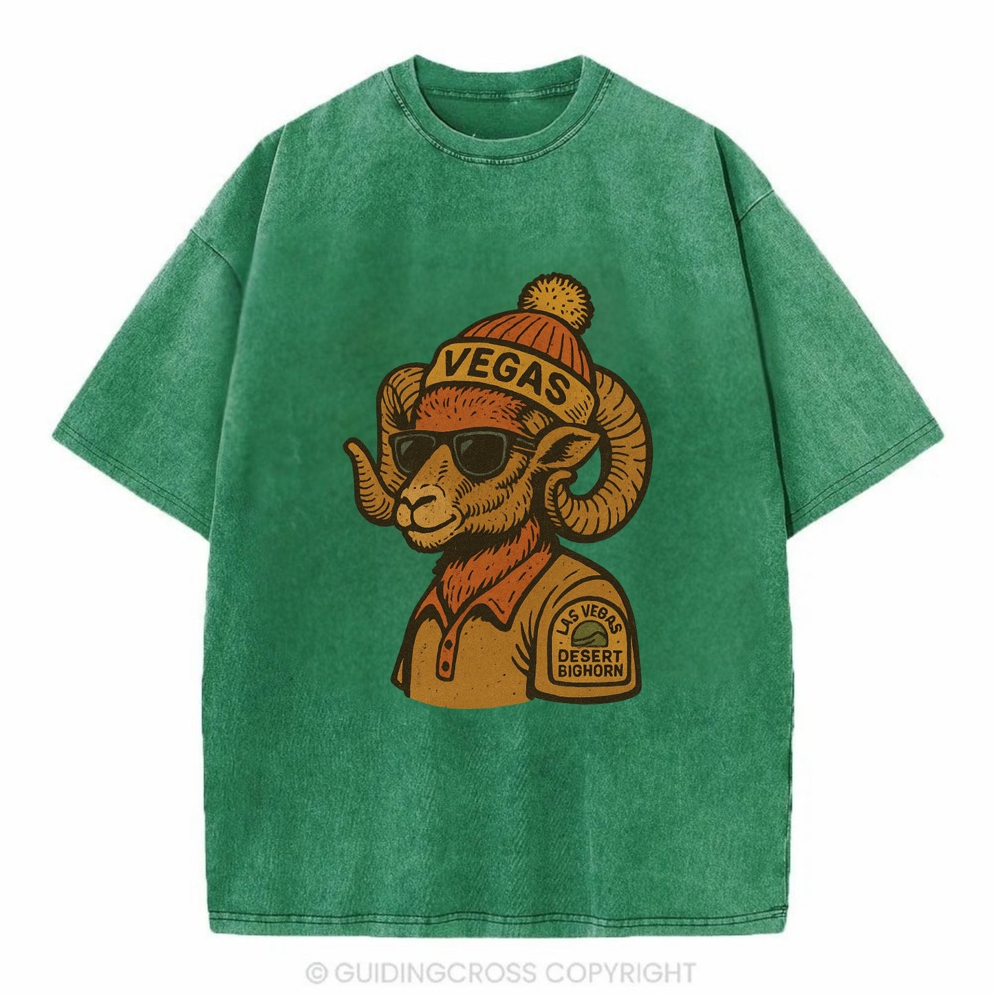 Las Vegas Desert Bighorn wearing Vegas beanie with pom pom and wayfarer sunglasses - Vintage T-shirt - Forest Mist(Green)