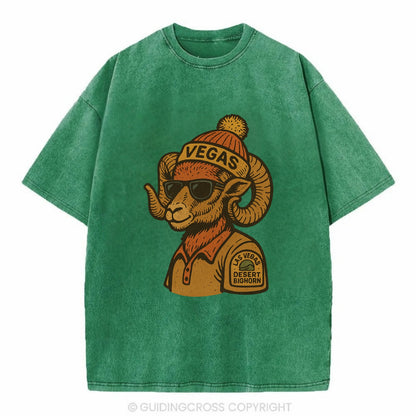 Las Vegas Desert Bighorn wearing Vegas beanie with pom pom and wayfarer sunglasses - Vintage T-shirt - Forest Mist(Green)