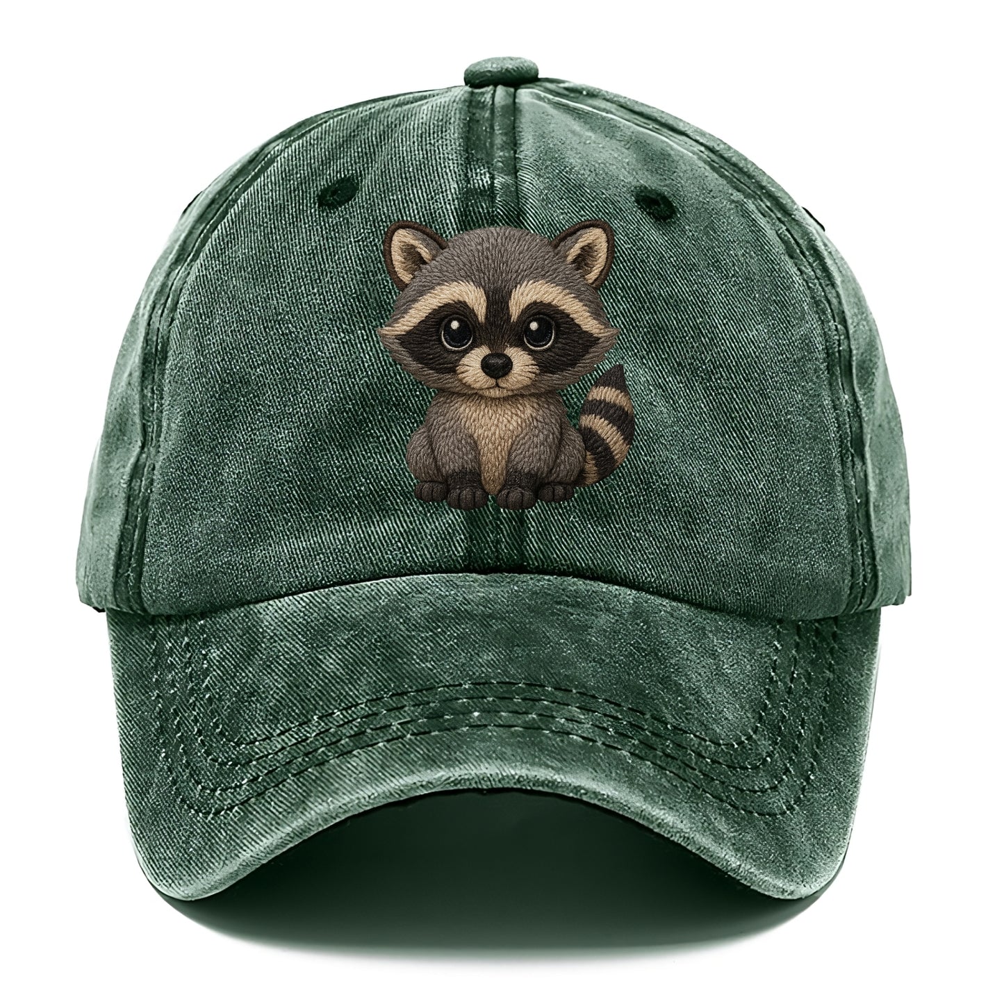 Baby Raccoon - gray fur, black mask, ringed tail, bright curious eyes, front-facing, - Classic Cap - Forest Mist(Green)