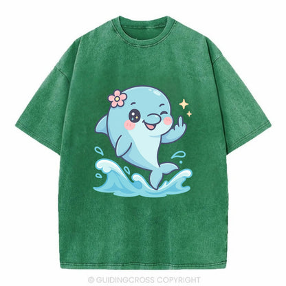 smiling dolphin jumping through ocean waves, one fin up with attitude - Vintage T-shirt - Forest Mist(Green)