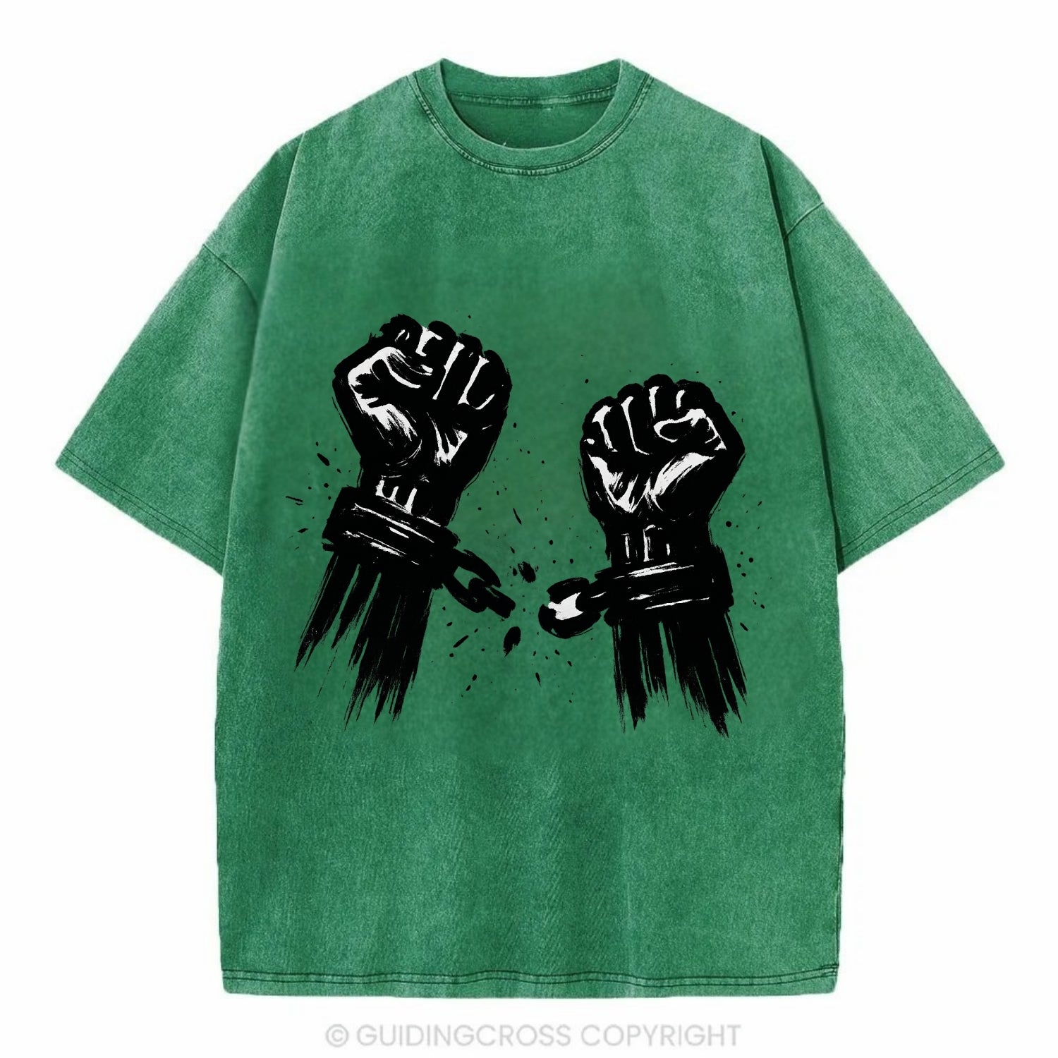 Two raised fists breaking chains - liberation and freedom ink painting - Vintage T-shirt - Forest Mist(Green)