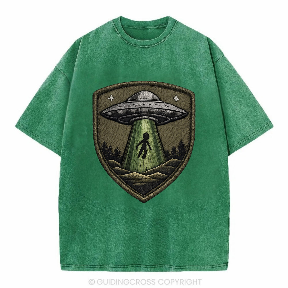 UFO ALIEN - flying saucer with beam in silver and green , extraterrestrial - Vintage T-shirt - Forest Mist(Green)