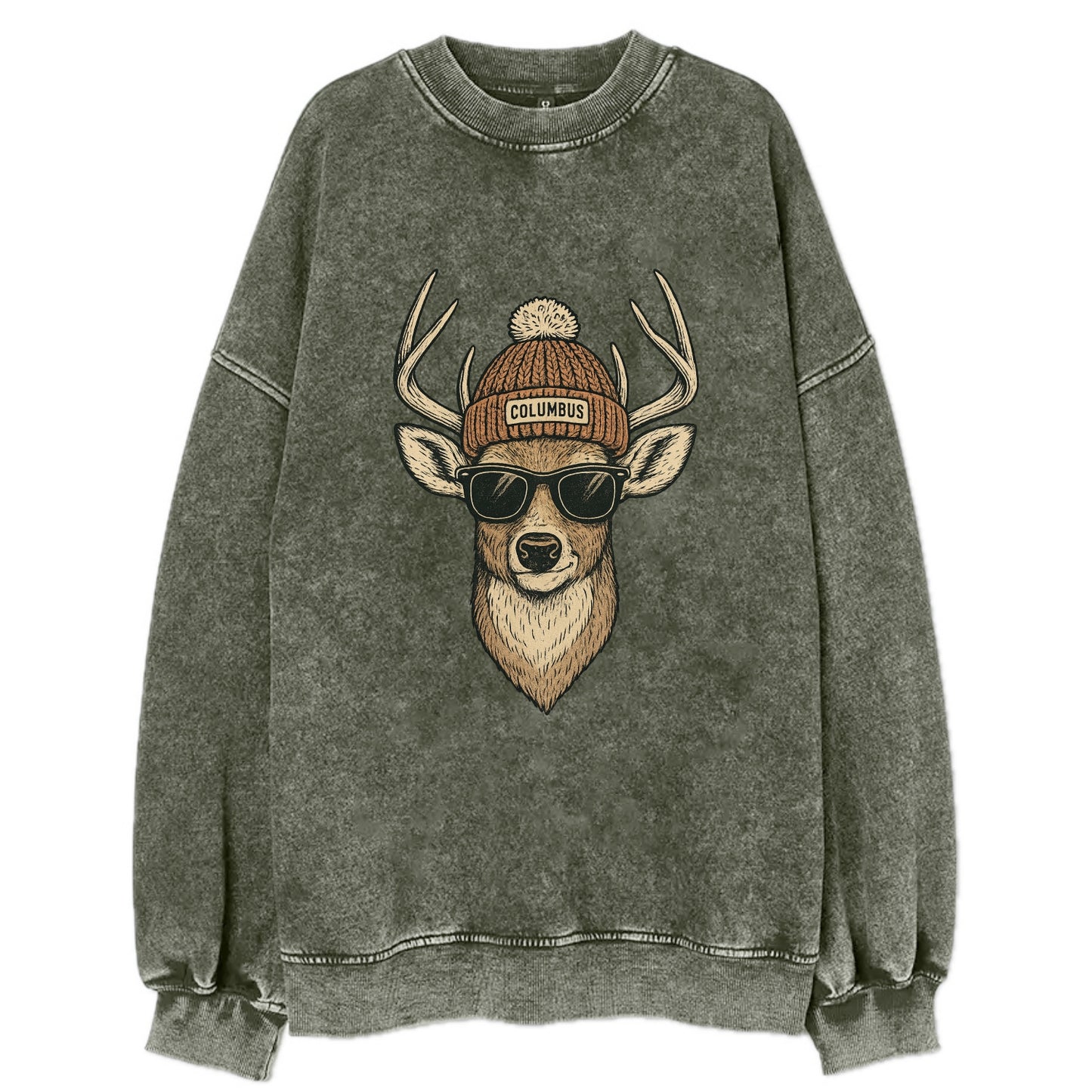 Ohio White-tailed Deer wearing Columbus beanie with pom pom and wayfarer - Vintage Sweatshirt - Forest Mist(Green)