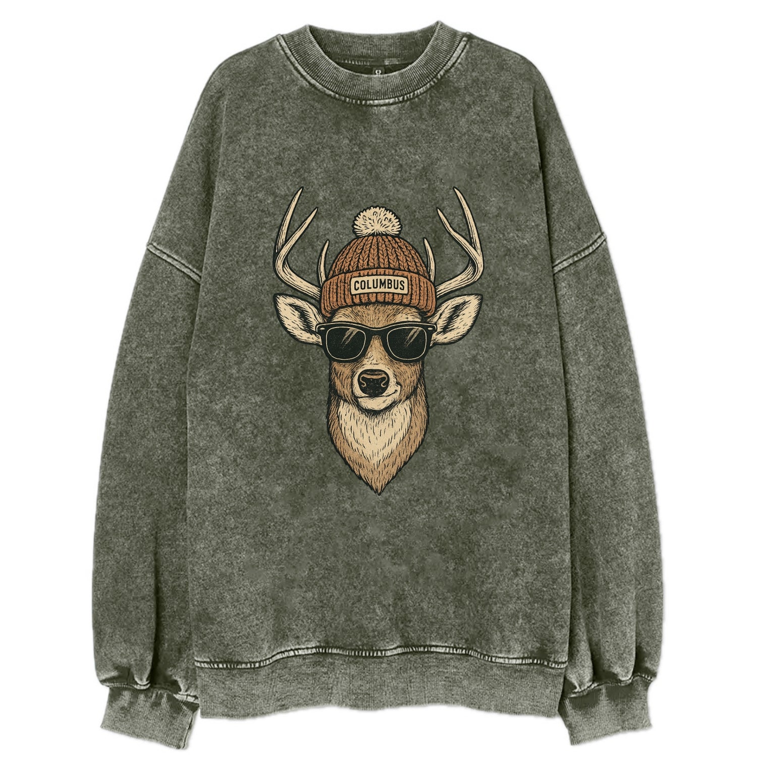 Ohio White-tailed Deer wearing Columbus beanie with pom pom and wayfarer - Vintage Sweatshirt - Forest Mist(Green)