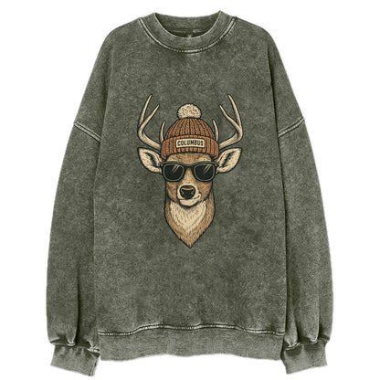 Ohio White-tailed Deer wearing Columbus beanie with pom pom and wayfarer - Vintage Sweatshirt - Forest Mist(Green)