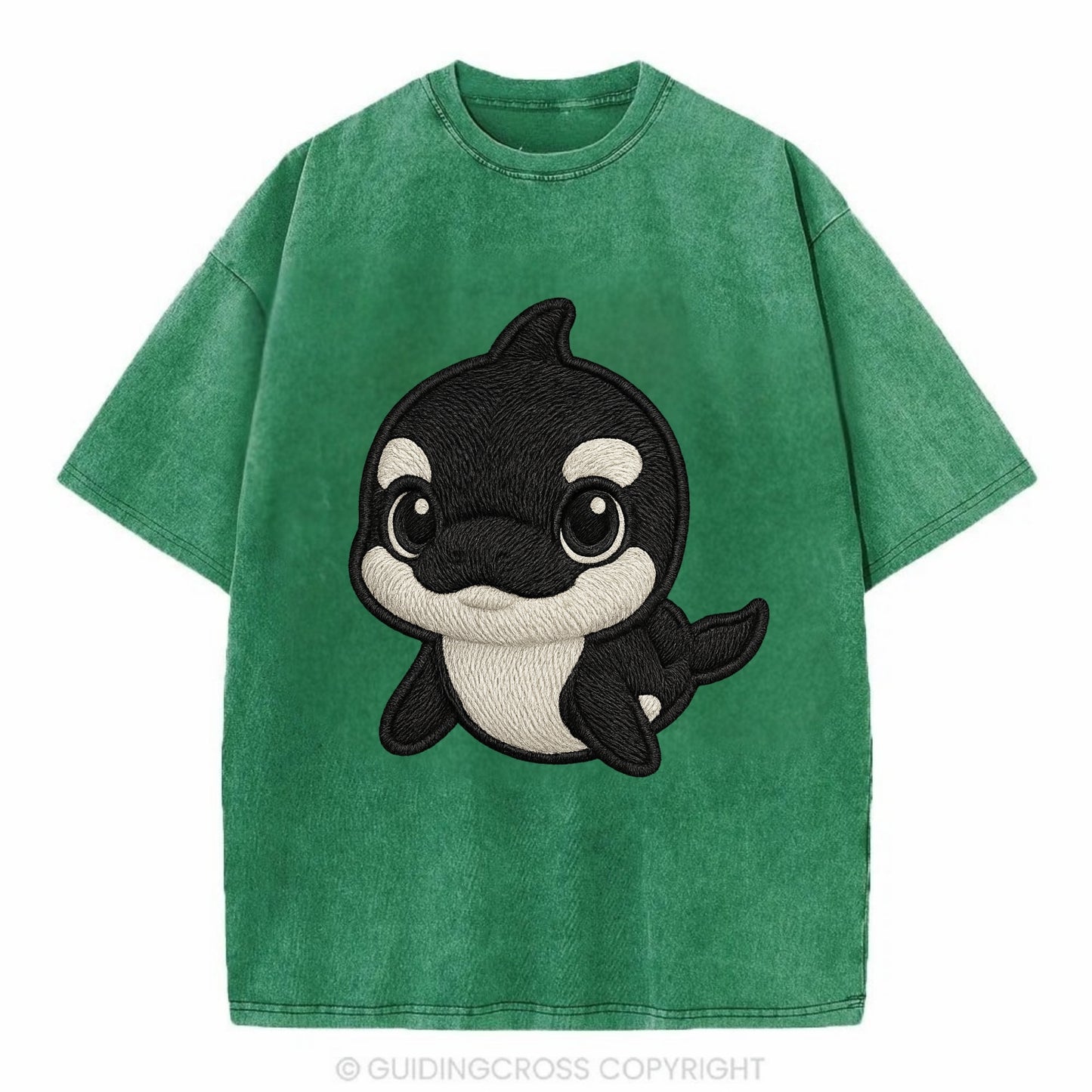 Baby Orca - black and white pattern, white eye patch, front-facing, curious and - Vintage T-shirt - Forest Mist(Green)