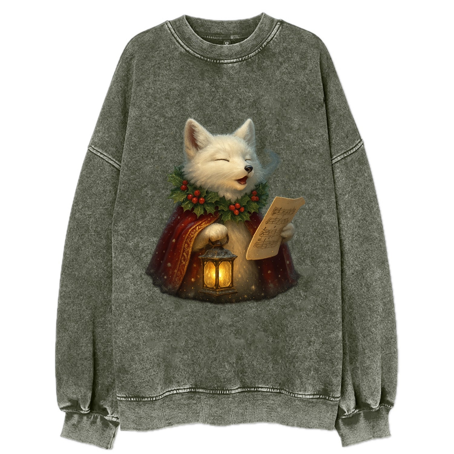Snowbound Arctic Fox Caroler  - Vintage Sweatshirt - Forest Mist(Green)