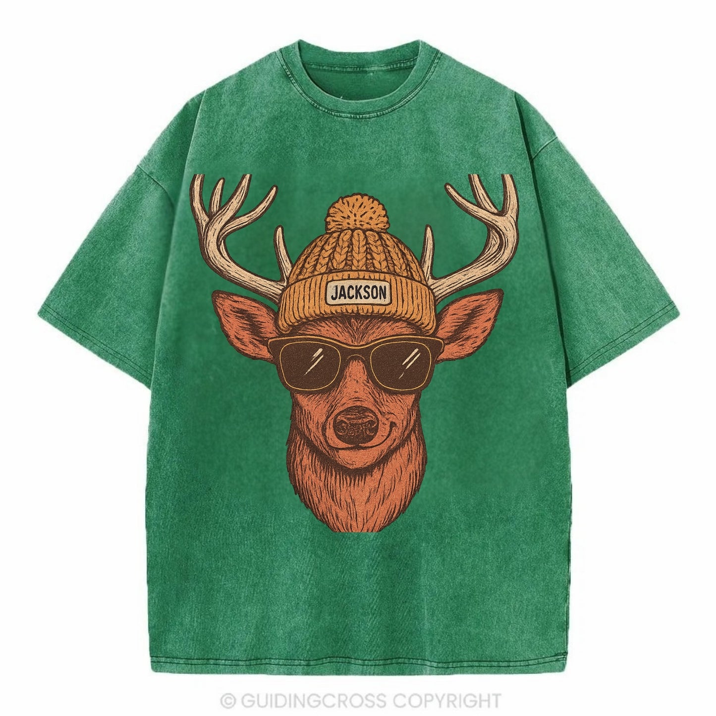 Mississippi White-tailed Deer wearing Jackson beanie with pom pom and wayfarer - Vintage T-shirt - Forest Mist(Green)