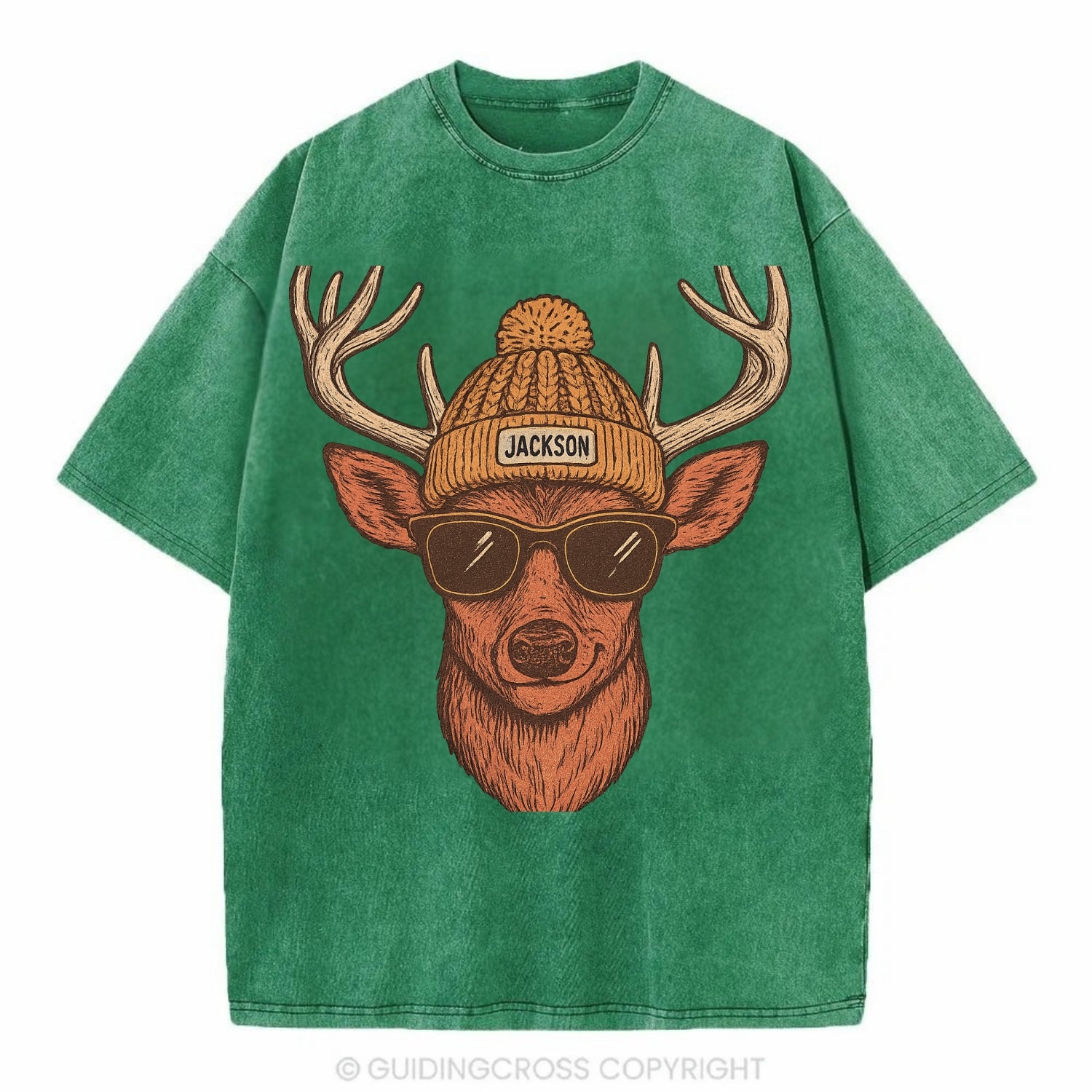 Mississippi White-tailed Deer wearing Jackson beanie with pom pom and wayfarer - Vintage T-shirt - Forest Mist(Green)