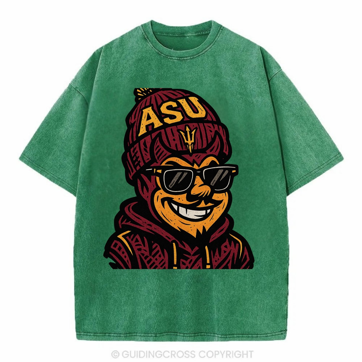 Tempe Sparky wearing Arizona State beanie with fork patch - Vintage T-shirt - Forest Mist(Green)