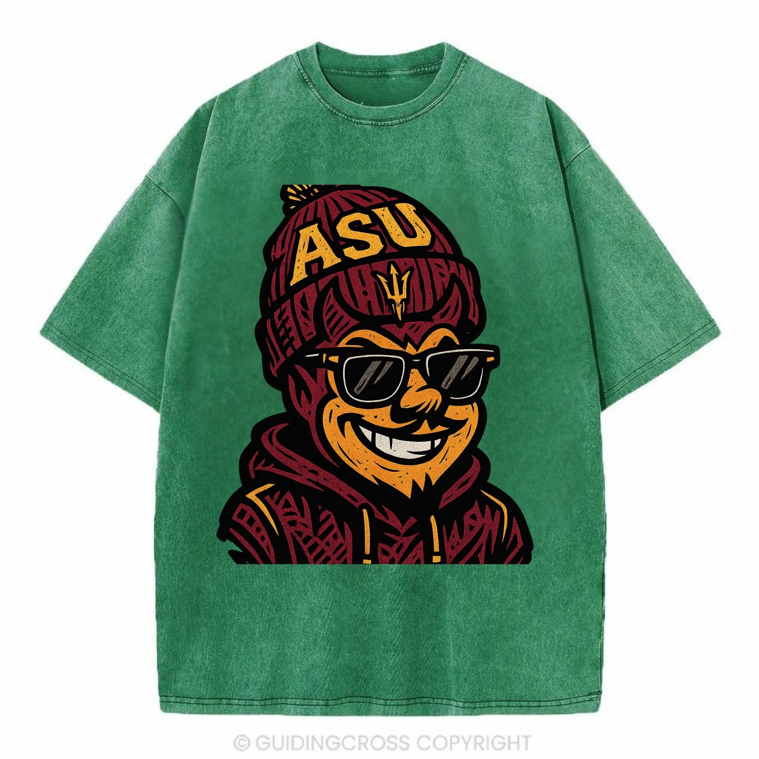 Tempe Sparky wearing Arizona State beanie with fork patch - Vintage T-shirt - Forest Mist(Green)