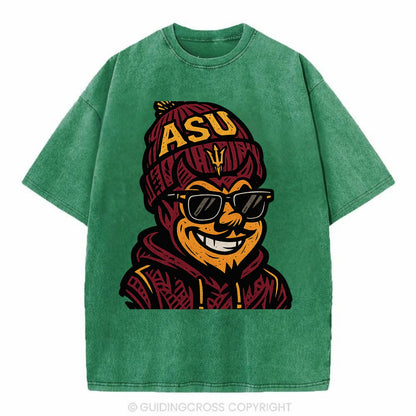 Tempe Sparky wearing Arizona State beanie with fork patch - Vintage T-shirt - Forest Mist(Green)