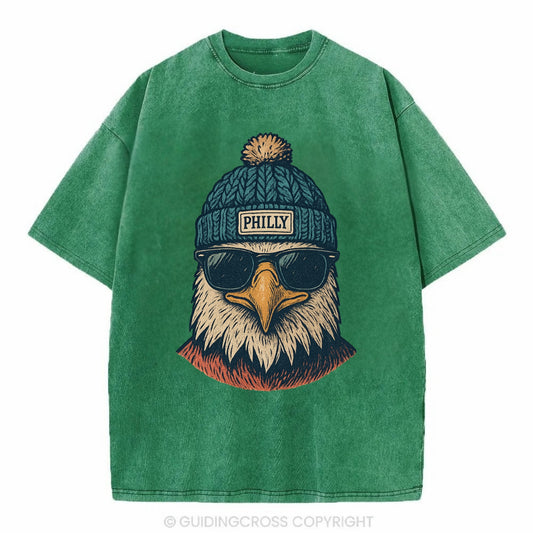 Philadelphia Eagle wearing Philly beanie with pom pom and wayfarer sunglasses - Vintage T-shirt - Forest Mist(Green)