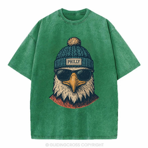 Philadelphia Eagle wearing Philly beanie with pom pom and wayfarer sunglasses - Vintage T-shirt