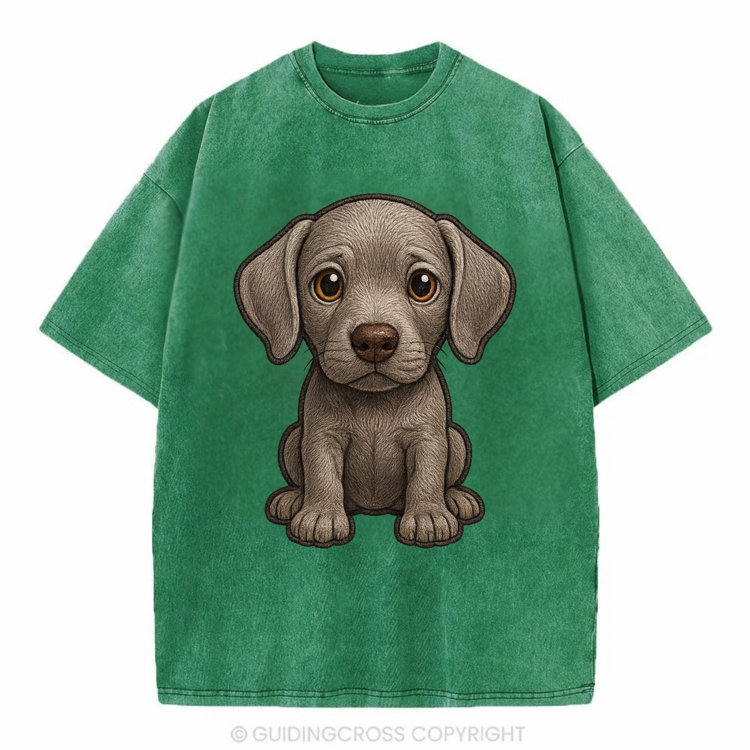Baby Weimaraner Puppy - silver-gray coat, amber eyes, sleek body, front-facing, - Vintage T-shirt - Forest Mist(Green)