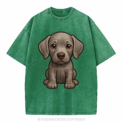 Baby Weimaraner Puppy - silver-gray coat, amber eyes, sleek body, front-facing, - Vintage T-shirt - Forest Mist(Green)