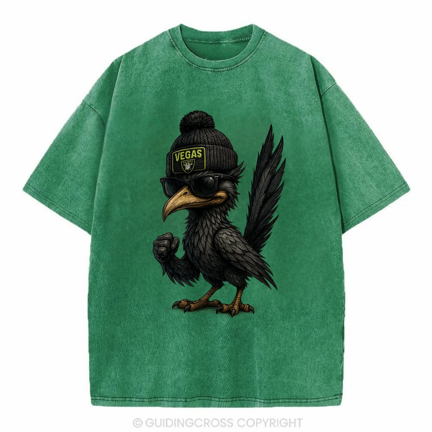 Vegas Roadrunner wearing Raiders beanie with neon patch and wayfarer sunglasses - Vintage T-shirt - Forest Mist(Green)