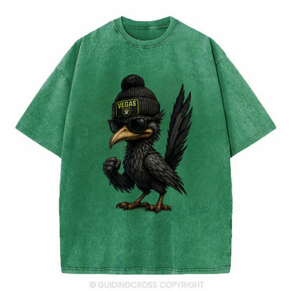 Vegas Roadrunner wearing Raiders beanie with neon patch and wayfarer sunglasses - Vintage T-shirt - Forest Mist(Green)