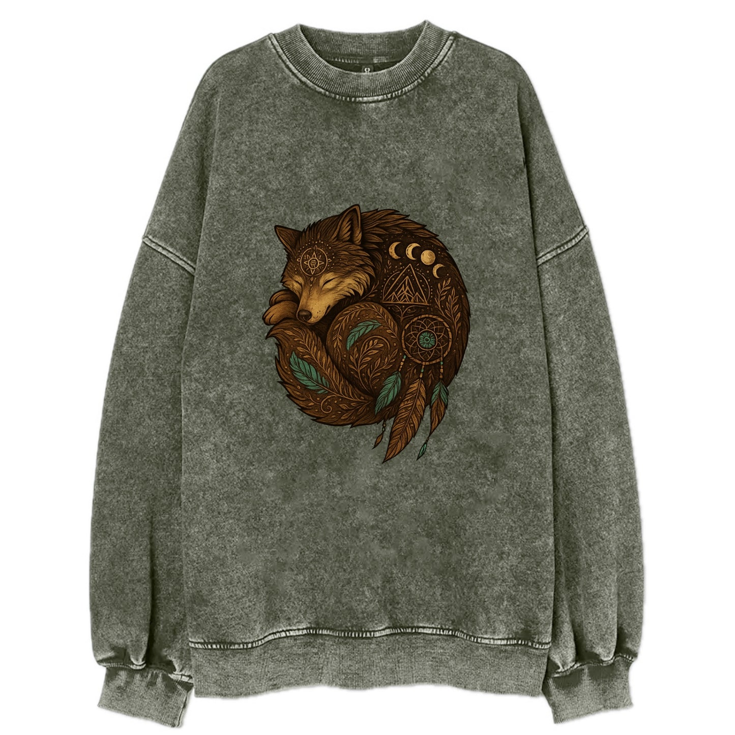 Sleeping Wolf Peace  - Vintage Sweatshirt - Forest Mist(Green)