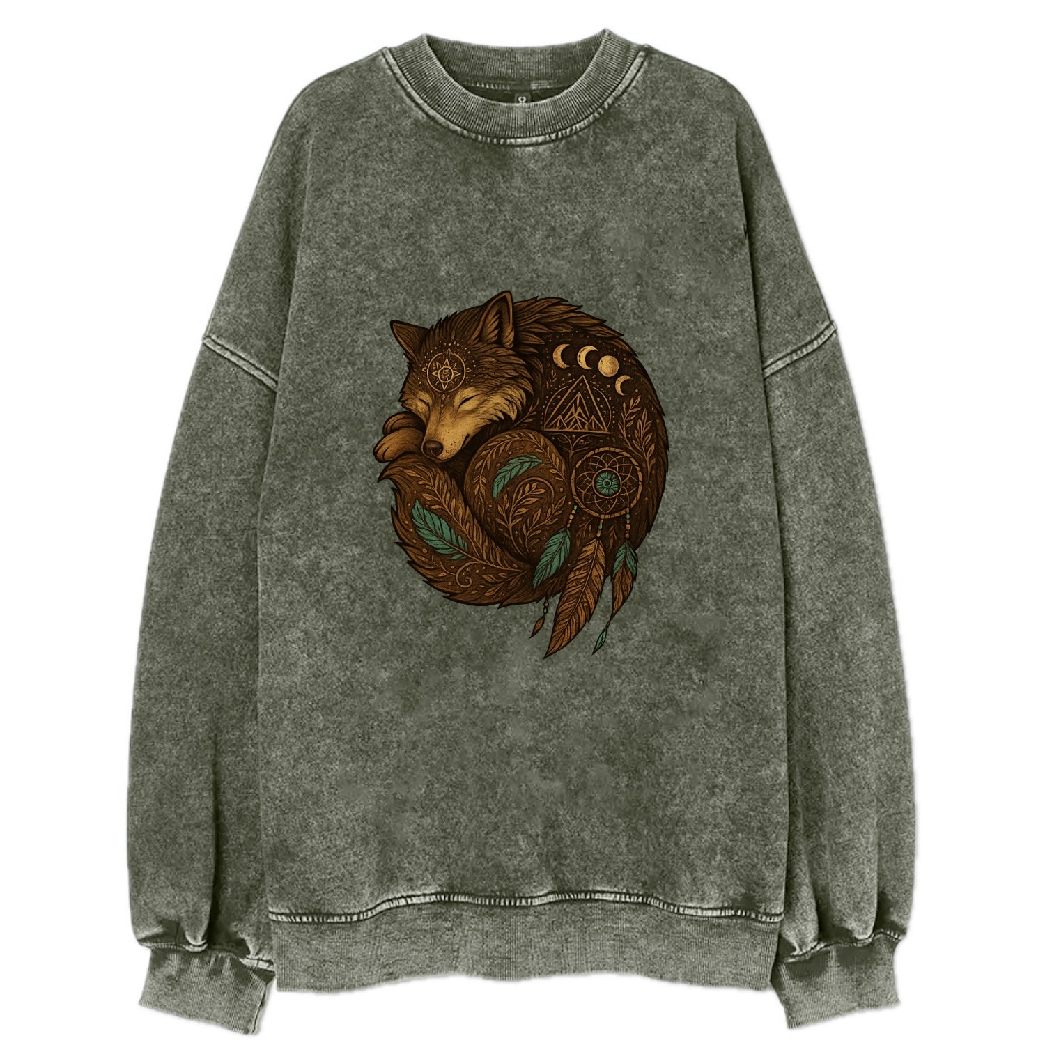 Sleeping Wolf Peace  - Vintage Sweatshirt - Forest Mist(Green)