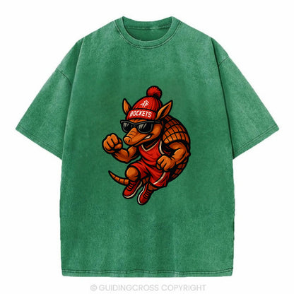 Houston Armadillo wearing Rockets red and silver beanie with rocket ship and - Vintage T-shirt - Forest Mist(Green)