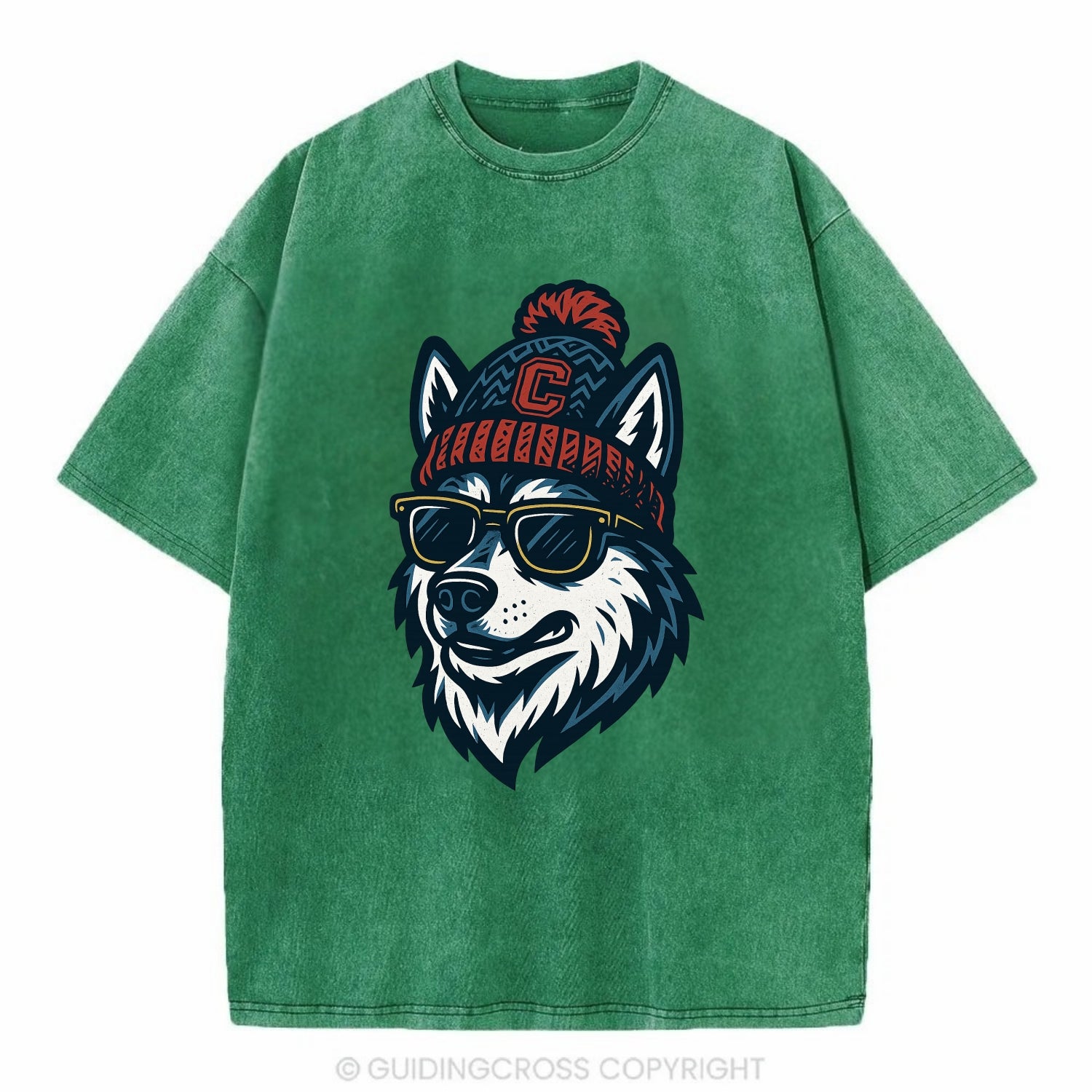 Storrs Husky wearing UConn beanie with C patch - Vintage T-shirt - Forest Mist(Green)