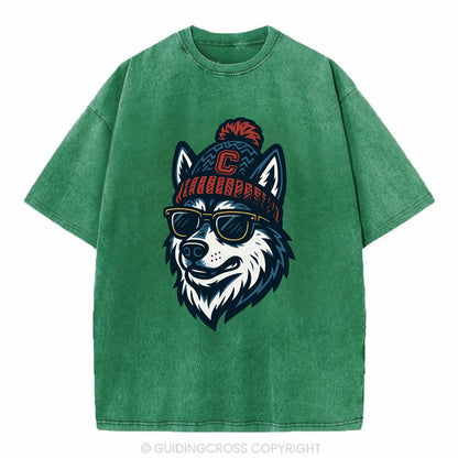 Storrs Husky wearing UConn beanie with C patch - Vintage T-shirt - Forest Mist(Green)
