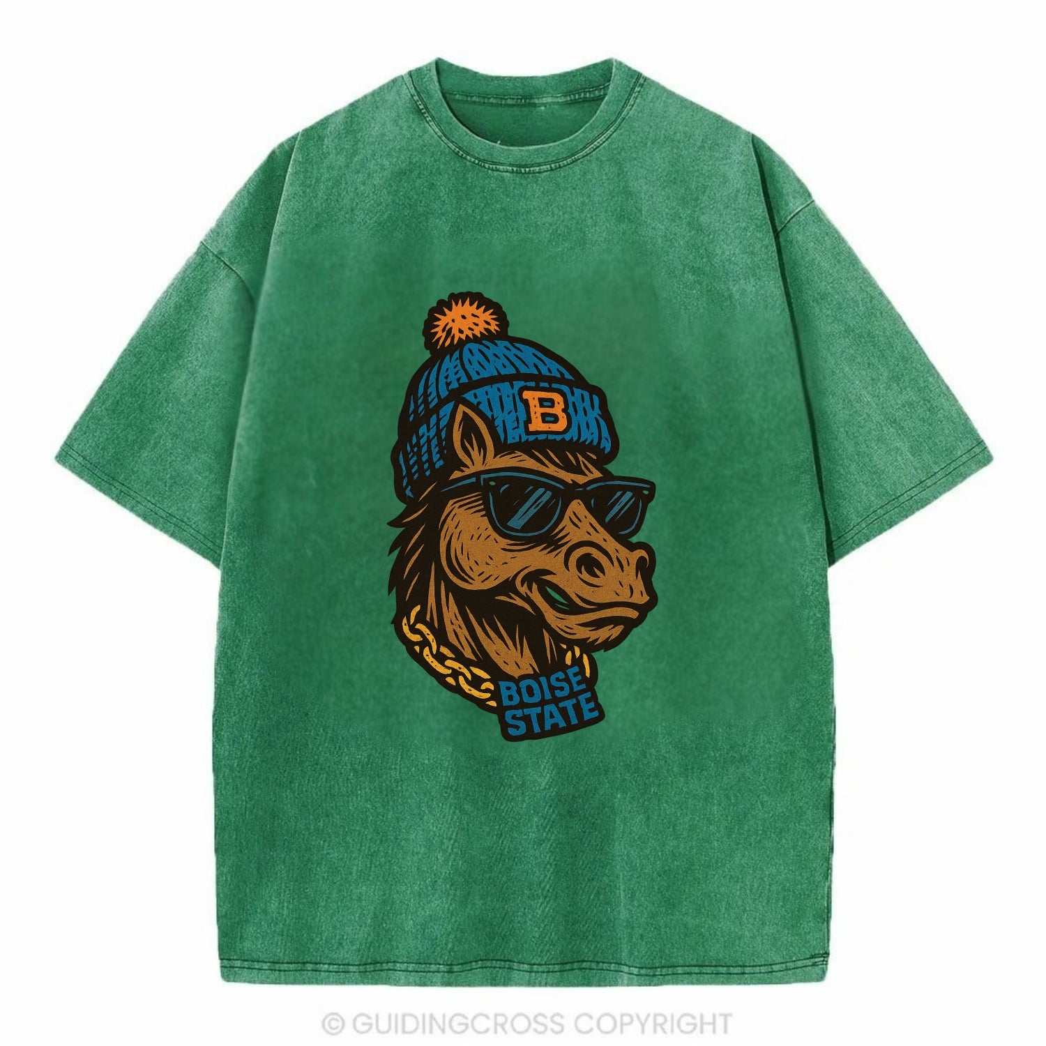Boise Bronco wearing Boise State beanie with B patch - Vintage T-shirt - Forest Mist(Green)