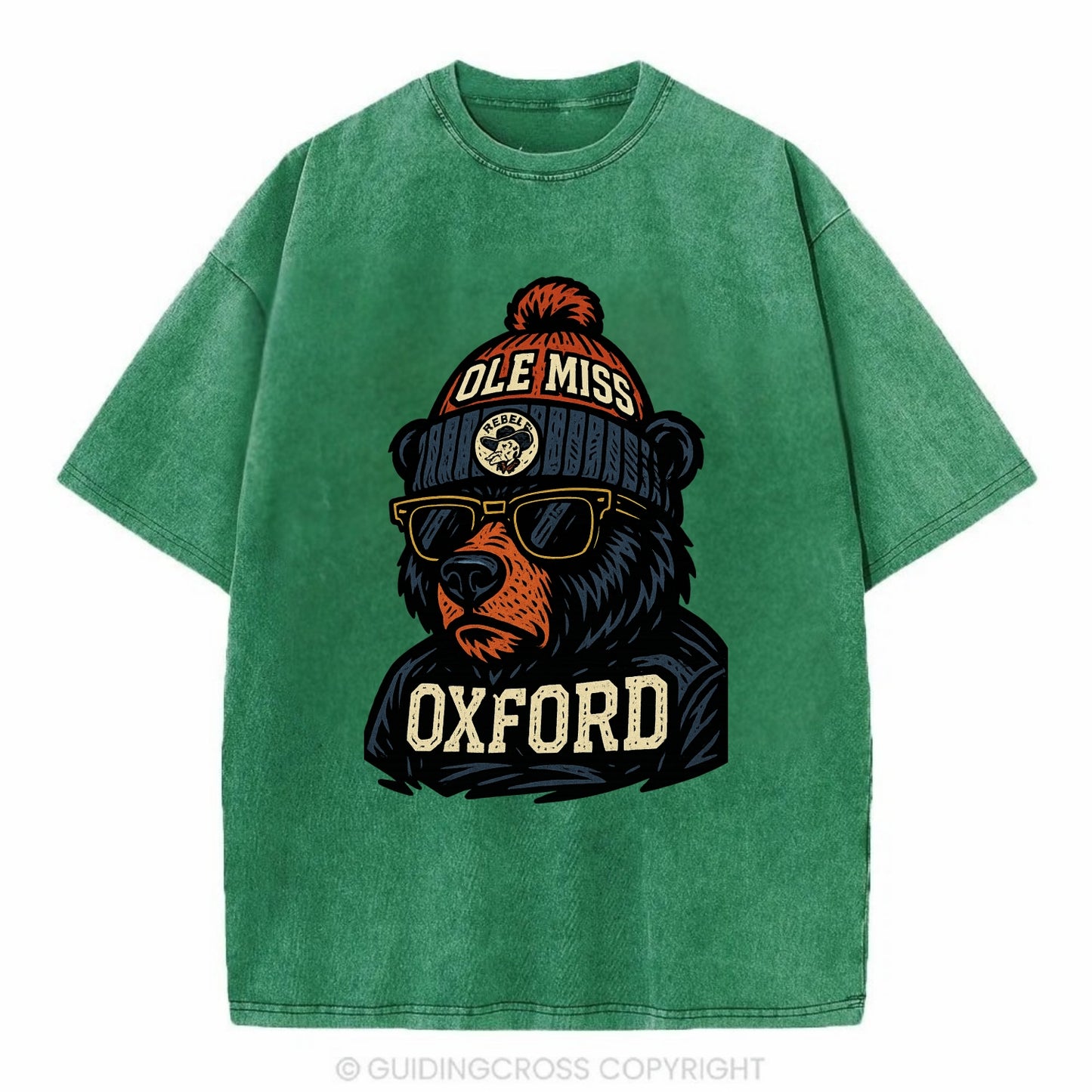 Oxford Black Bear wearing Ole Miss beanie with rebel patch - Vintage T-shirt - Forest Mist(Green)