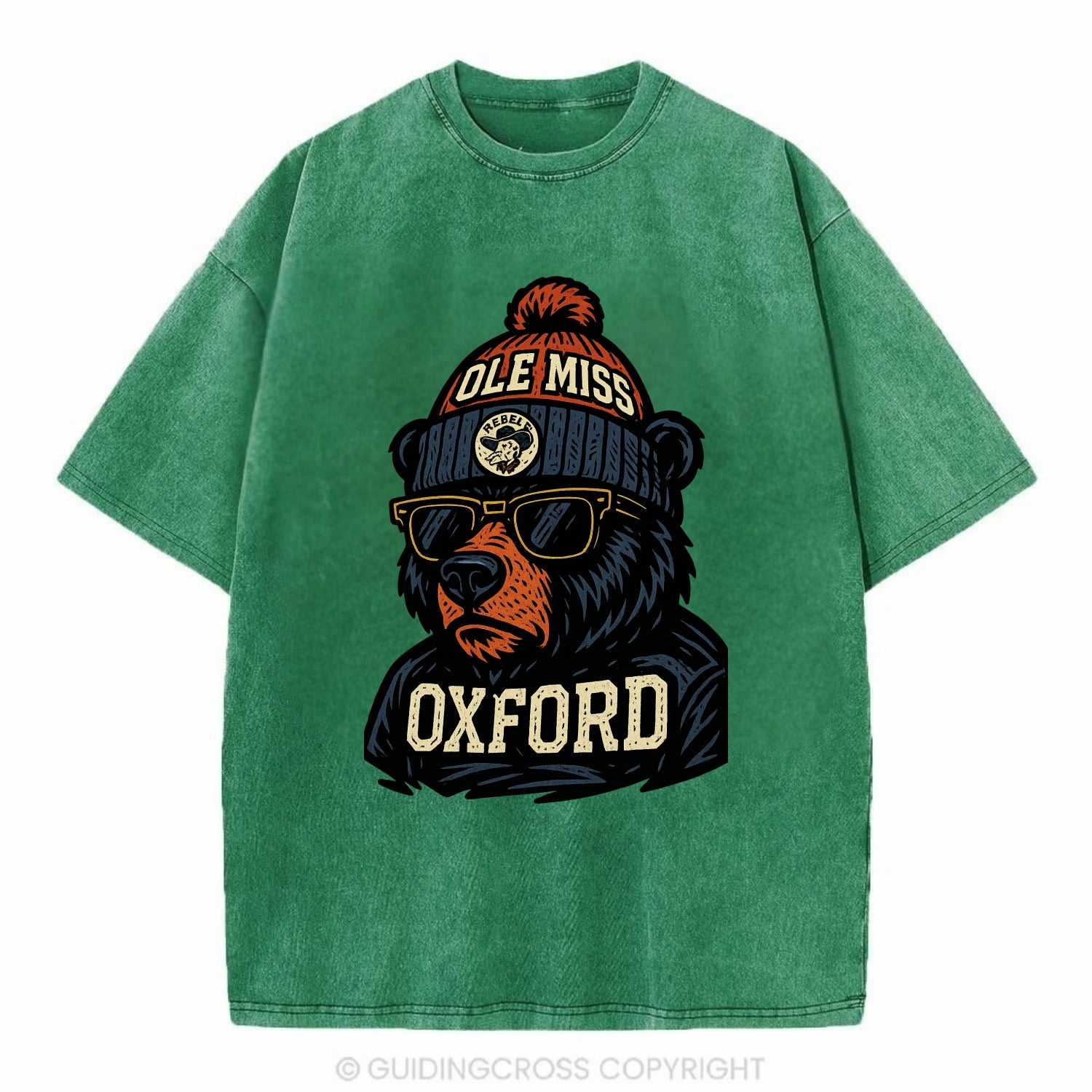 Oxford Black Bear wearing Ole Miss beanie with rebel patch - Vintage T-shirt - Forest Mist(Green)