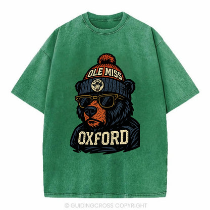 Oxford Black Bear wearing Ole Miss beanie with rebel patch - Vintage T-shirt - Forest Mist(Green)