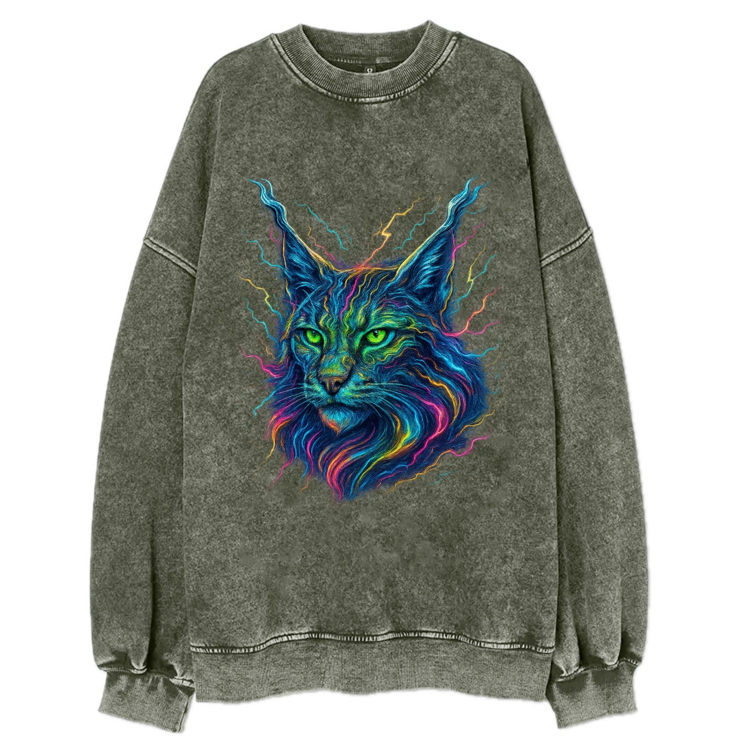 Wild lynx with ear tufts transforming into liquid mercury flows, silver and - Vintage Sweatshirt - Forest Mist(Green)