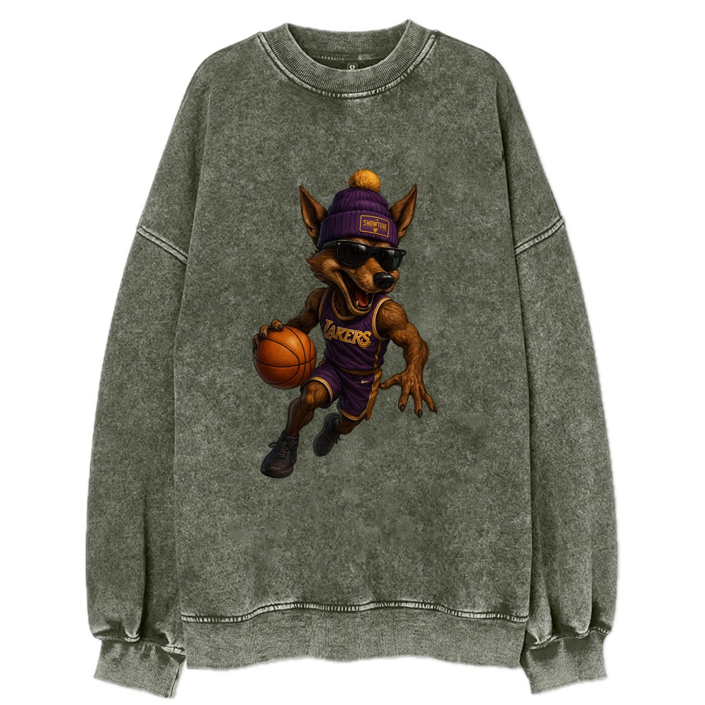 Hollywood Coyote wearing Lakers beanie with Showtime patch and wayfarer - Vintage Sweatshirt - Forest Mist(Green)