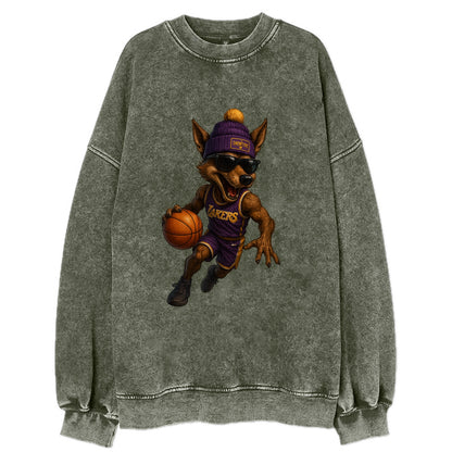 Hollywood Coyote wearing Lakers beanie with Showtime patch and wayfarer - Vintage Sweatshirt - Forest Mist(Green)