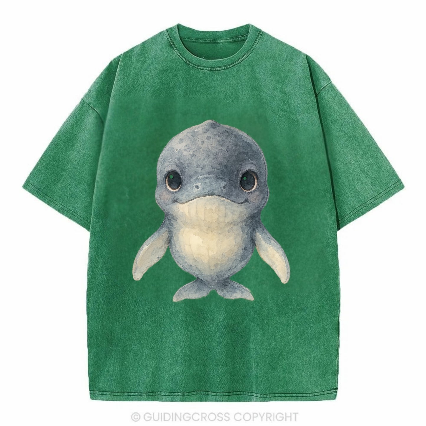 Baby Humpback Whale - dark gray with white flippers, large gentle eyes, - Vintage T-shirt - Forest Mist(Green)
