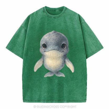 Baby Humpback Whale - dark gray with white flippers, large gentle eyes, - Vintage T-shirt - Forest Mist(Green)