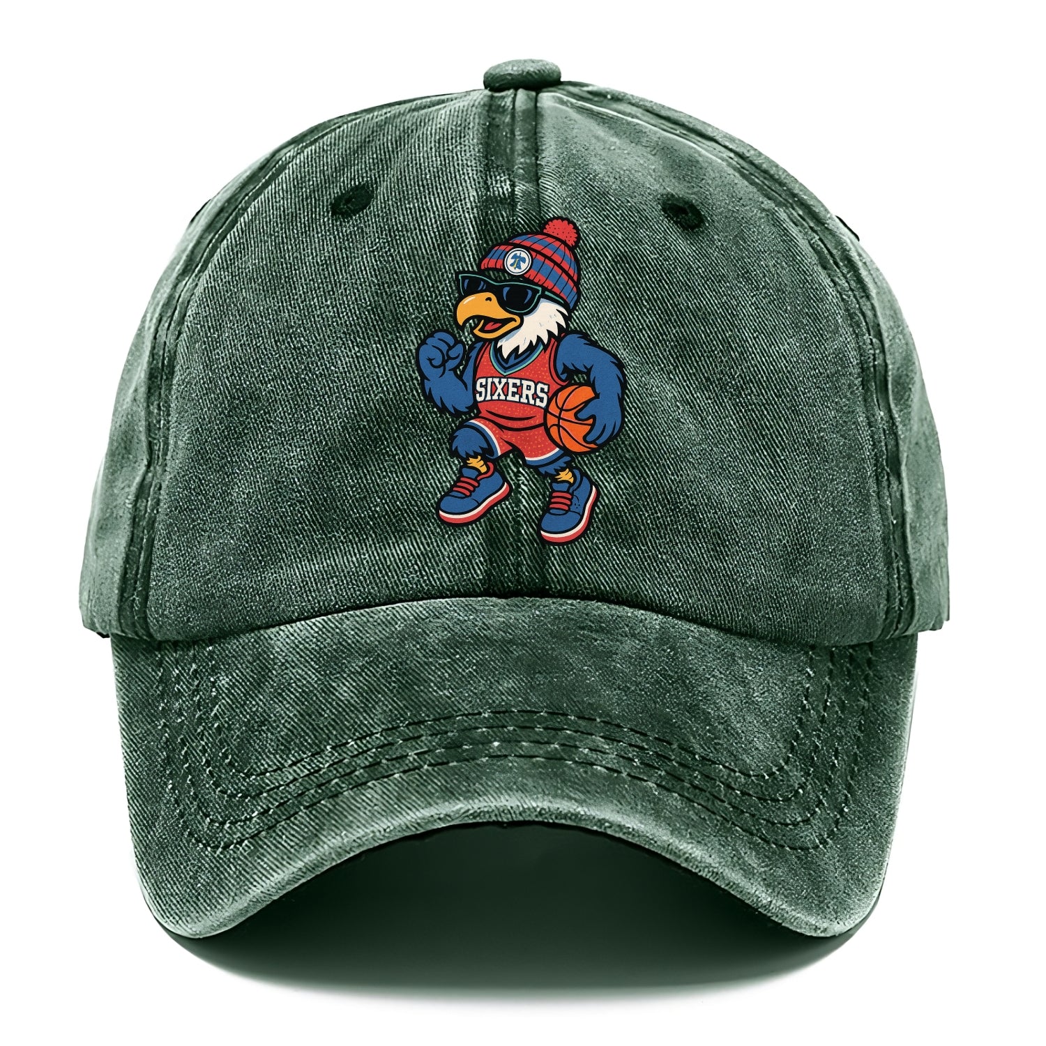 Philadelphia Eagle wearing 76ers red white and blue beanie with bell patch and - Classic Cap - Forest Mist(Green)
