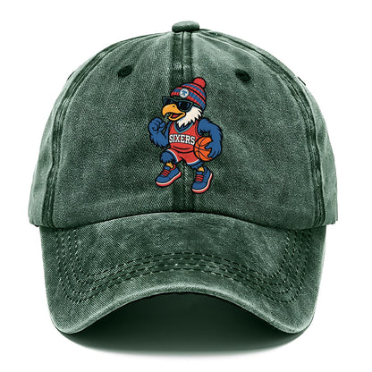 Philadelphia Eagle wearing 76ers red white and blue beanie with bell patch and - Classic Cap - Forest Mist(Green)