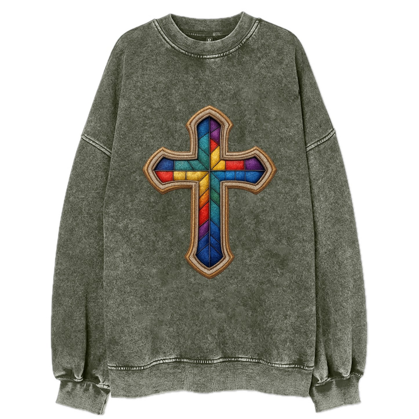 Stained Glass Cross  - Vintage Sweatshirt - Forest Mist(Green)