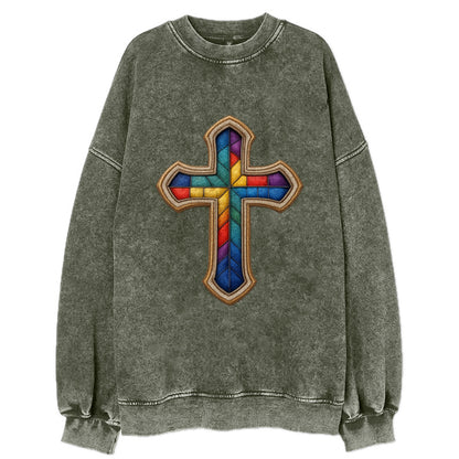 Stained Glass Cross  - Vintage Sweatshirt - Forest Mist(Green)