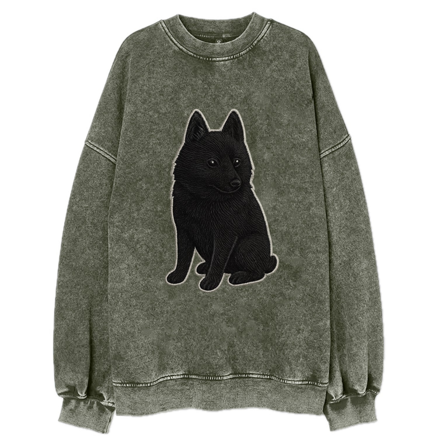 Schipperke - Solid black small embroidered sitting pose - Vintage Sweatshirt - Forest Mist(Green)
