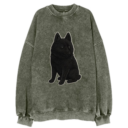Schipperke - Solid black small embroidered sitting pose - Vintage Sweatshirt - Forest Mist(Green)