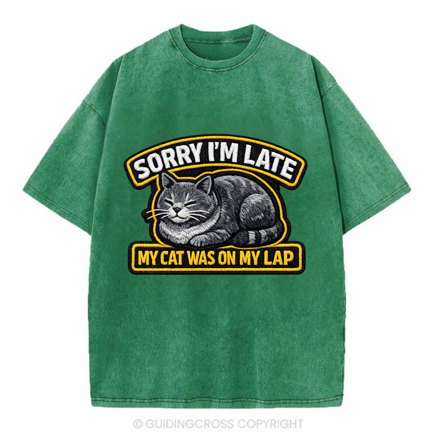 SORRY IM LATE MY CAT WAS ON MY LAP - cat loaf in gray , valid excuse - Vintage T-shirt - Forest Mist(Green)