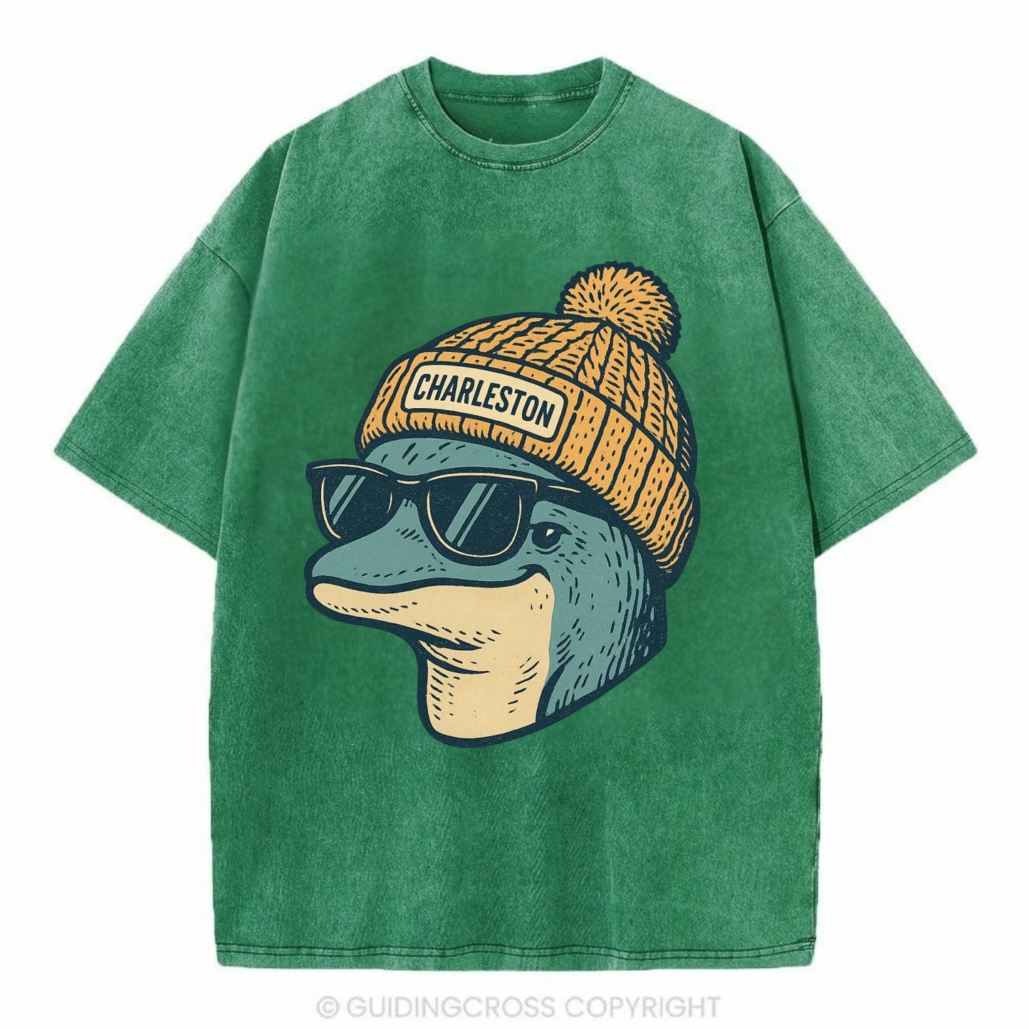 Charleston Dolphin wearing Charleston beanie with pom pom and wayfarer sunglasses - Vintage T-shirt - Forest Mist(Green)