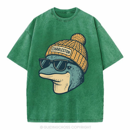 Charleston Dolphin wearing Charleston beanie with pom pom and wayfarer sunglasses - Vintage T-shirt - Forest Mist(Green)